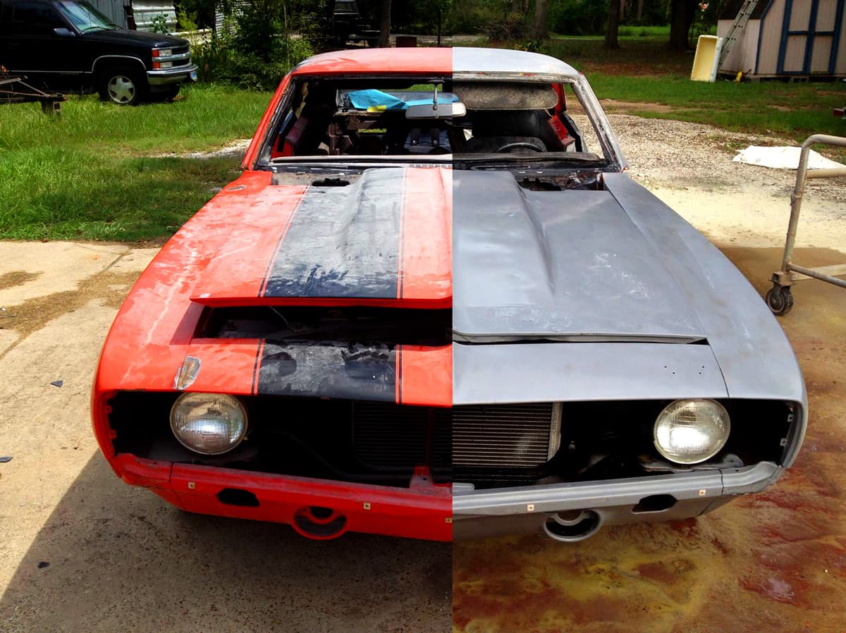Before-and-after paint removal on a red classic car