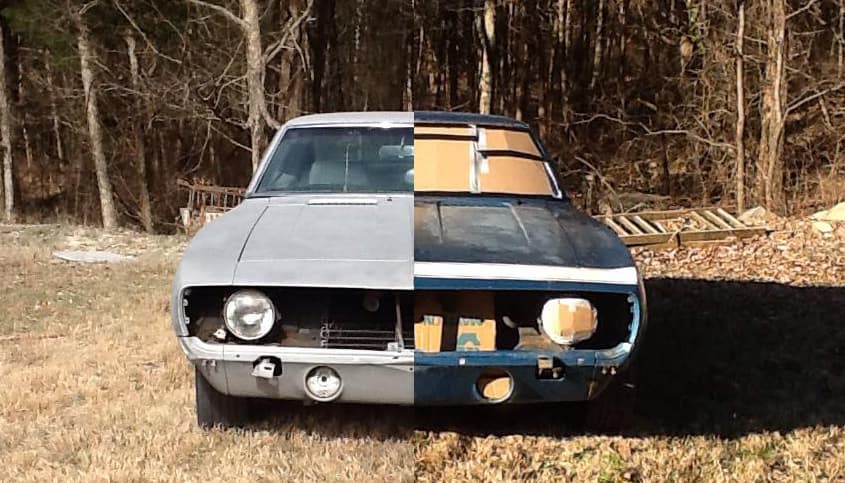 Front of a vehicle shown during staged coating removal