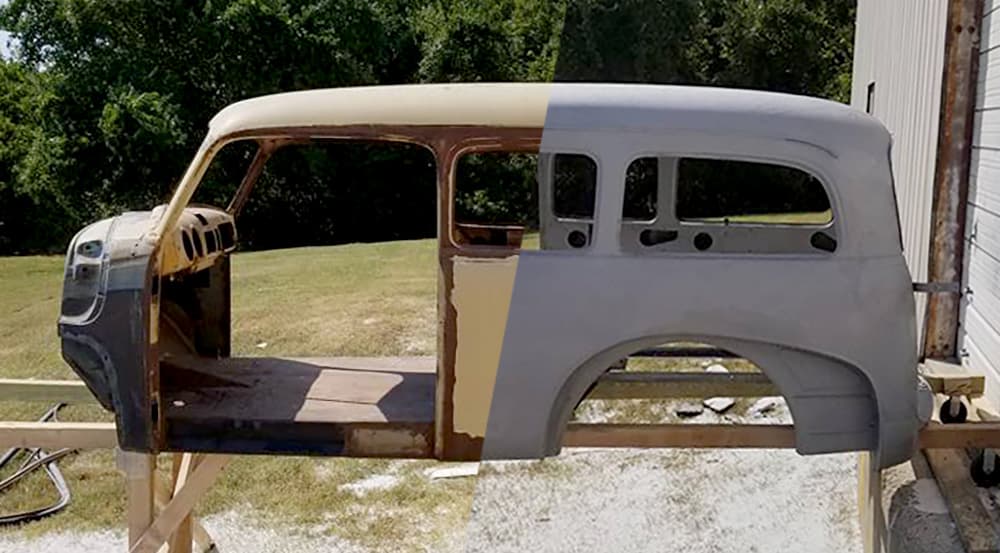 Prepared vintage vehicle shell ready for restoration