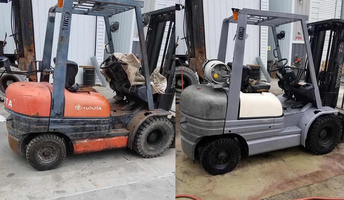 Fleet of forklifts at different stages of coating removal