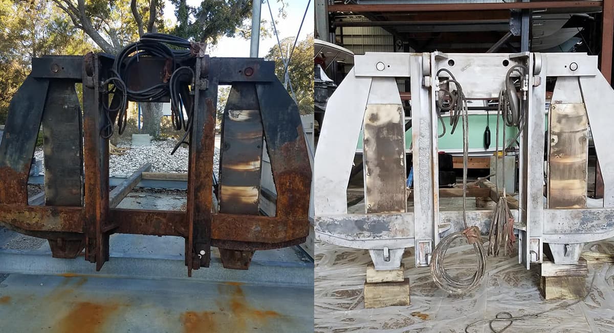 Steel equipment frames before and after blasting