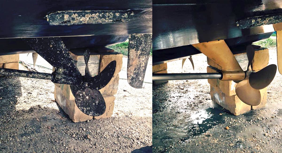 Boat propeller and running gear before and after cleaning