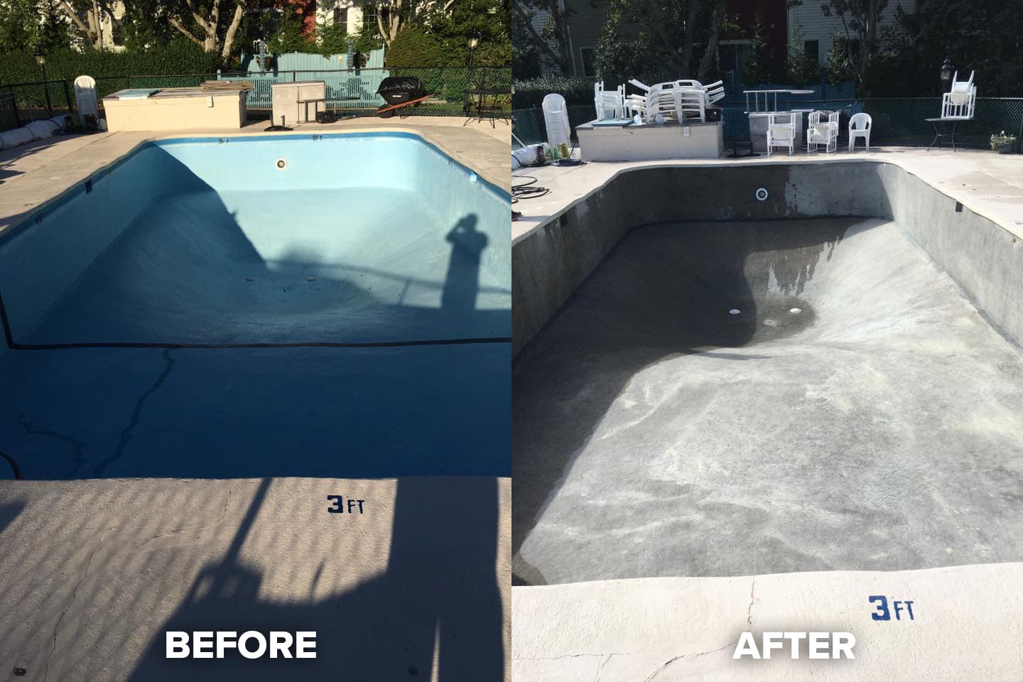 Swimming pool shown before and after surface preparation