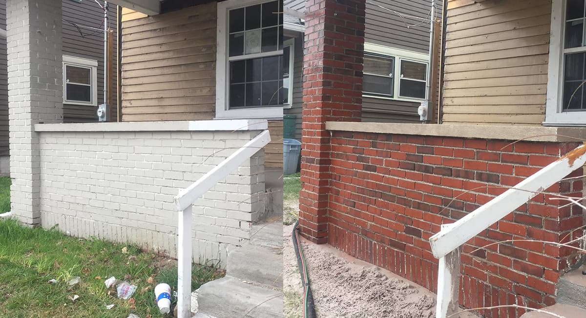 Residential brick exterior shown before and after cleaning