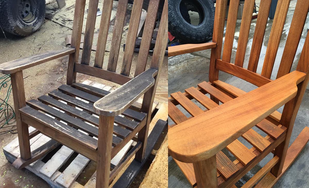 Wooden outdoor chair shown before and after restoration