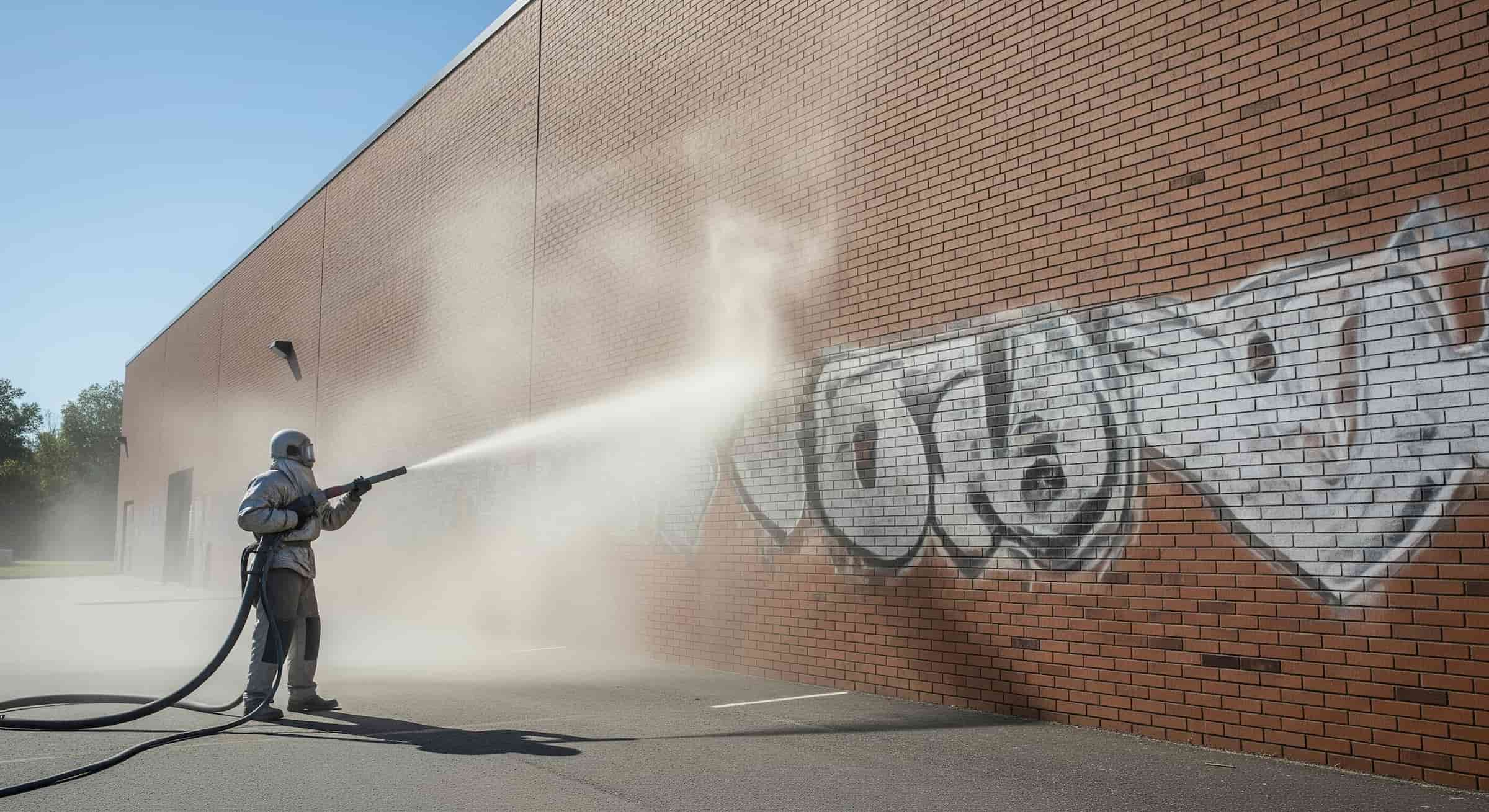A technician removing graffiti from a block wall with dustless blasting