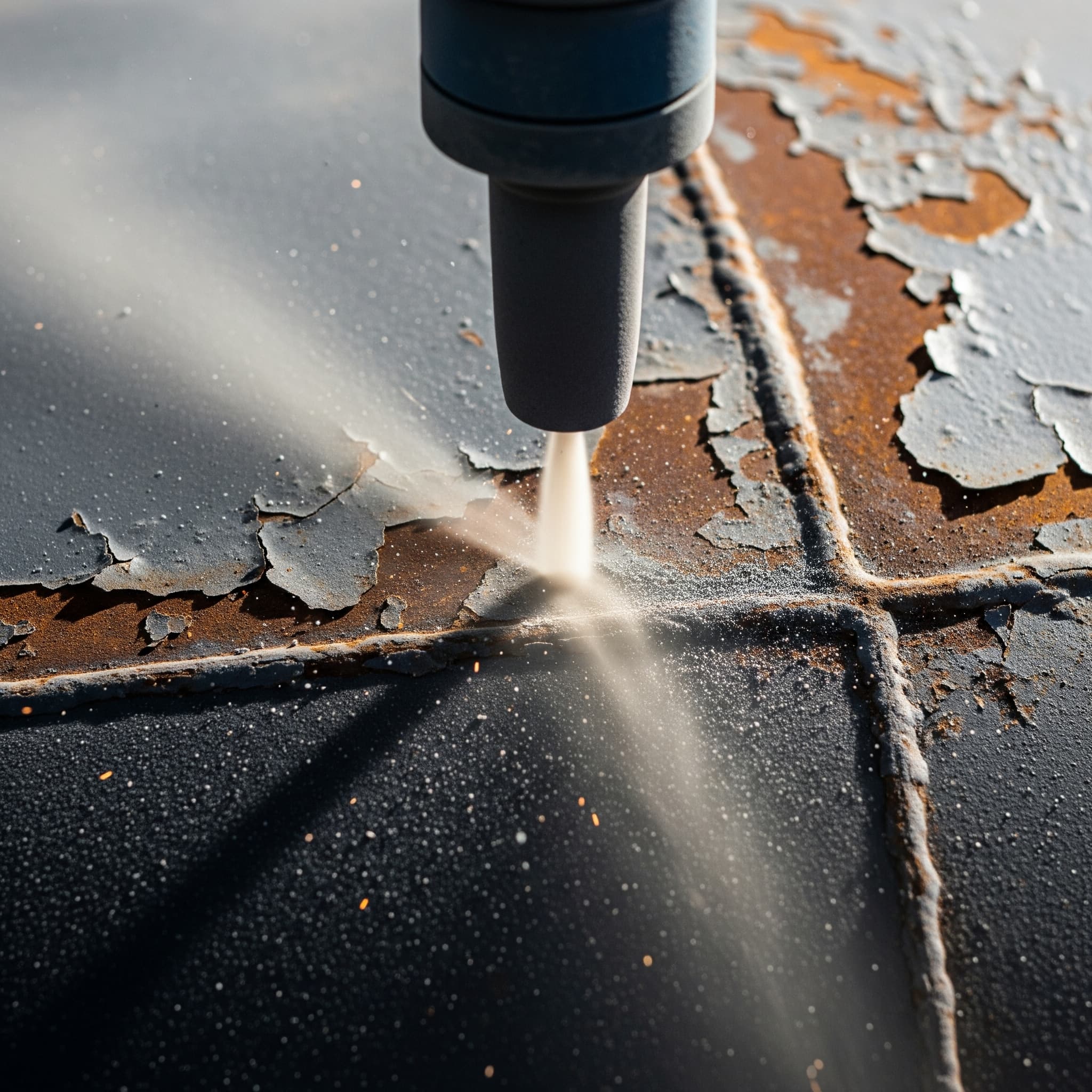 Close view of abrasive blasting lifting a failed coating from metal